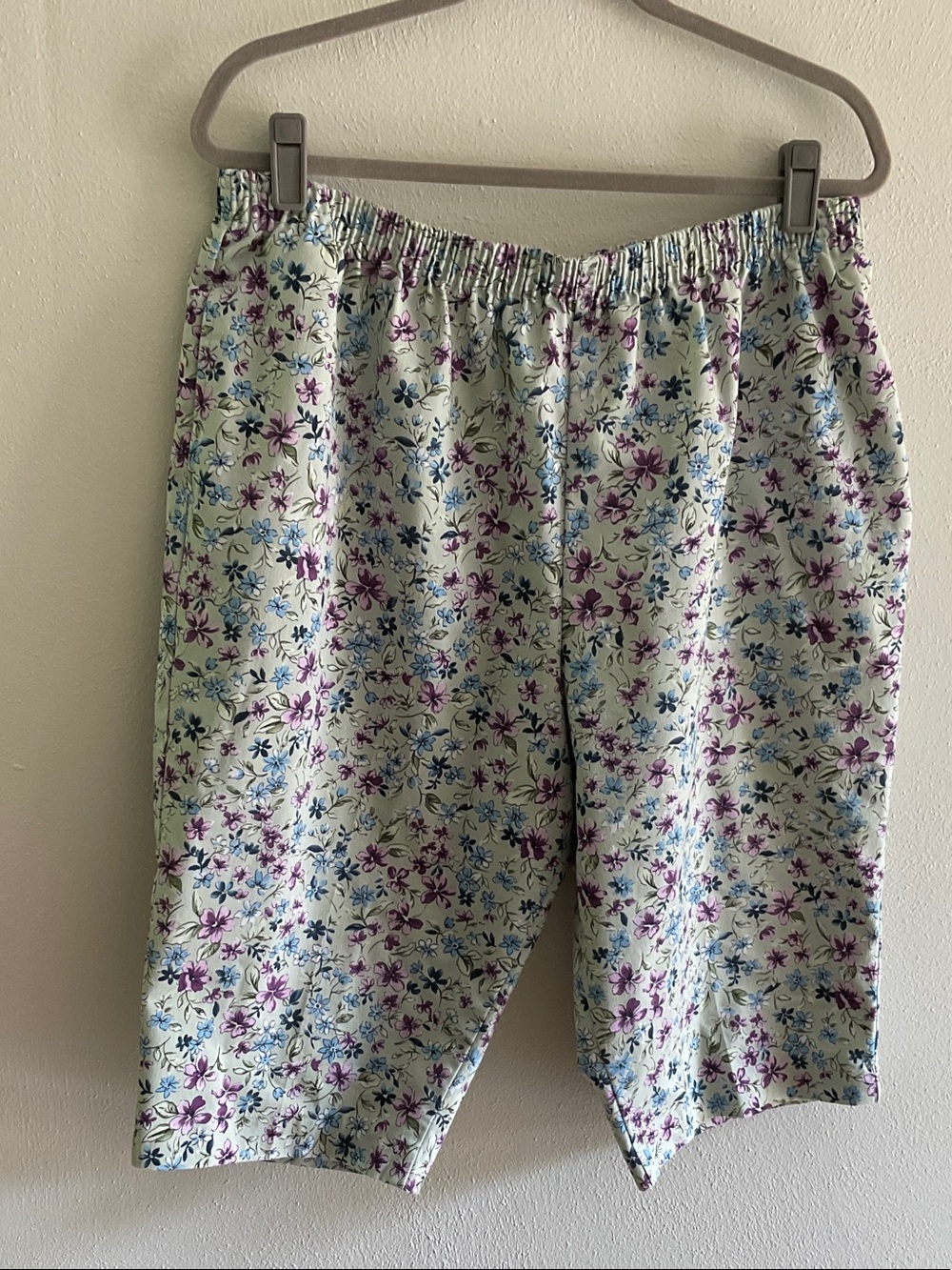 Bon Worth Women's Floral Flat-Front Shorts in Cream with Purple & Blue Flowers
